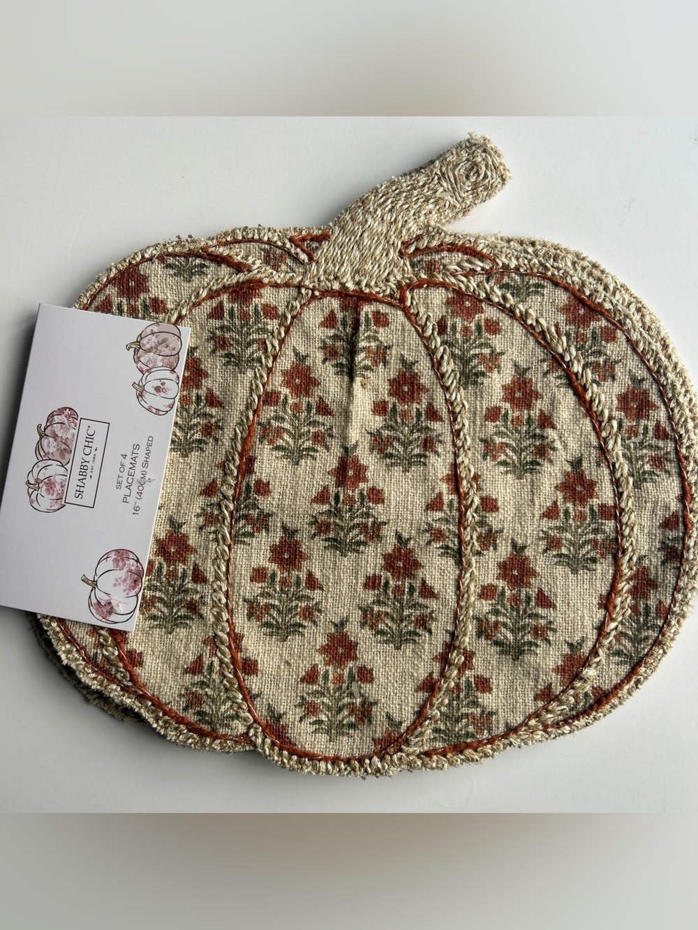 Shabby Chic Thanksgiving Floral Pumpkin Placemats Beige & Rust Fall Set of 4 NEW
